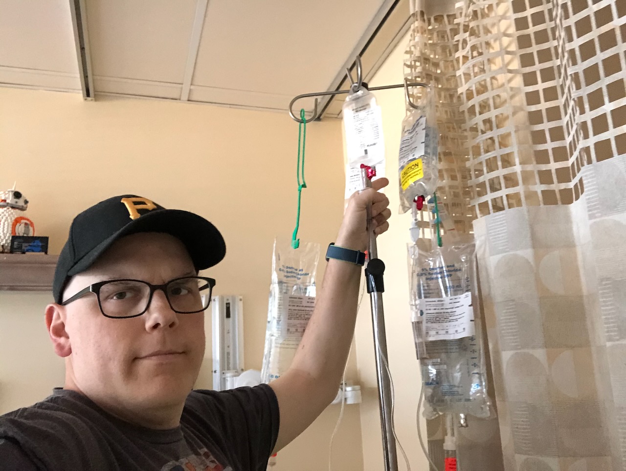 Will standing with his I.V. pole on the last day of chemotherapy treatment, September 21, 2020.